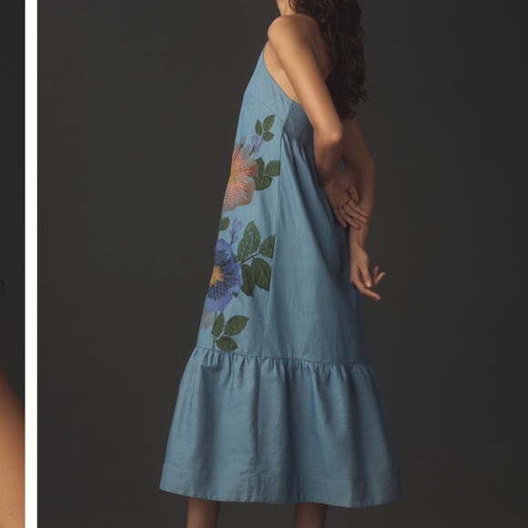 Anthropologie X Pilcro Halter Embroidered Denim Midi Dress. Size XXS/ size 4 - Picture 8 of 12